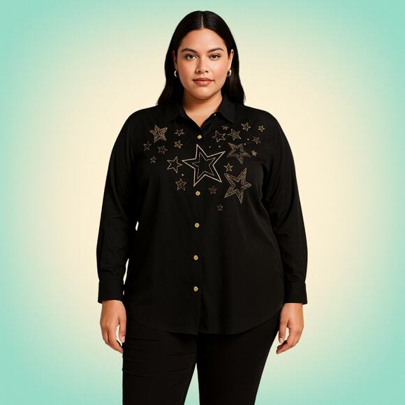 Vintage Starcore Glam Embroidered Silk Button Down Suzelle Black Top 14 - Picture 1 of 6